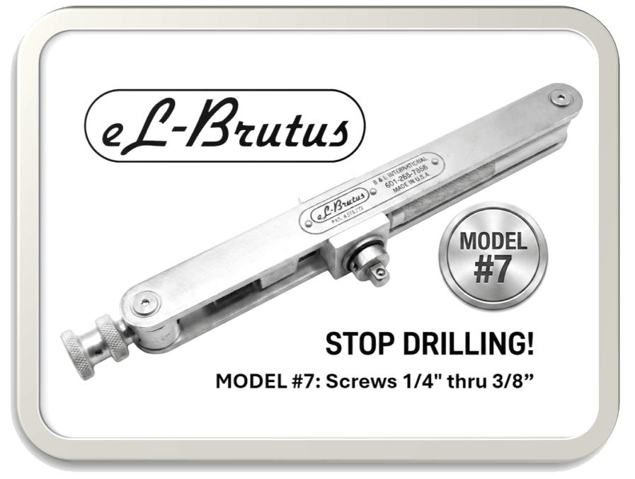 Link to eL Brutus Model 7 for removing stubborn or stuck 1/4" and larger hi torque aircraft screws from panels, cowlings, windshields, and fuselage.
